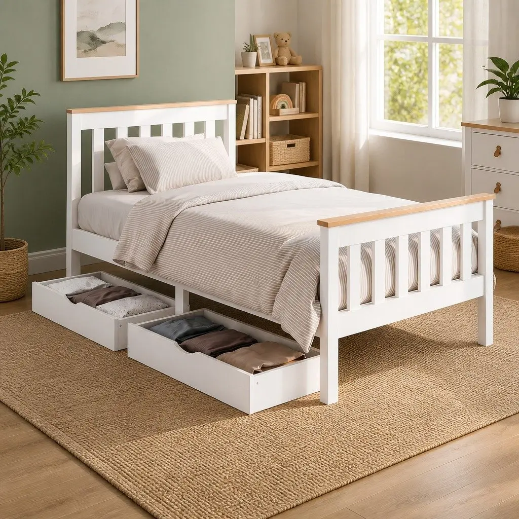 Single Bed Frame White Wooden Construction with Two Storage Drawers Suitable for Standard Single Mattress