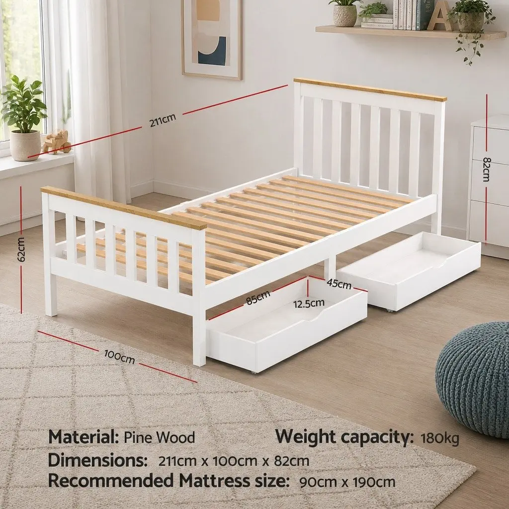 Single Bed Frame White Wooden Construction with Two Storage Drawers Suitable for Standard Single Mattress