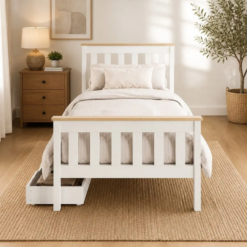 Single Bed Frame White Wooden Construction with Two Storage Drawers Suitable for Standard Single Mattress