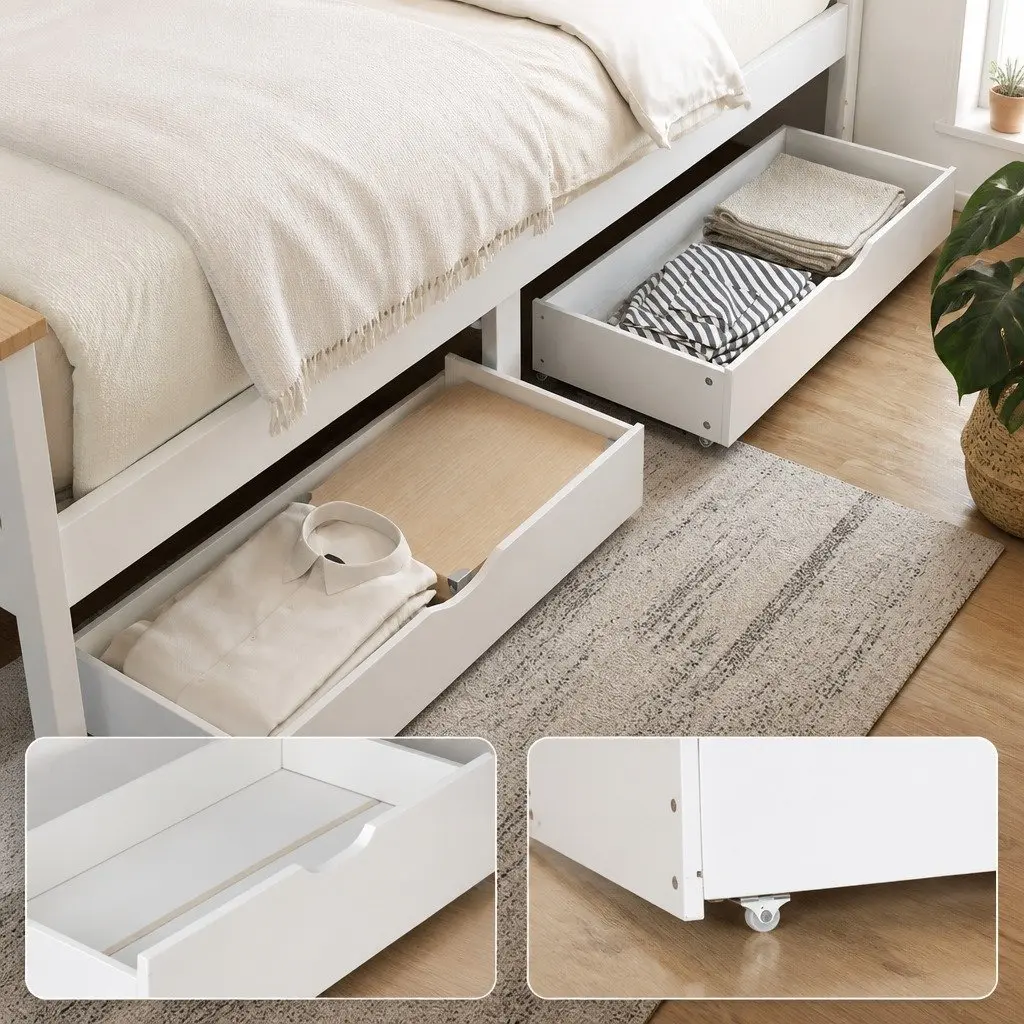 Single Bed Frame White Wooden Construction with Two Storage Drawers Suitable for Standard Single Mattress
