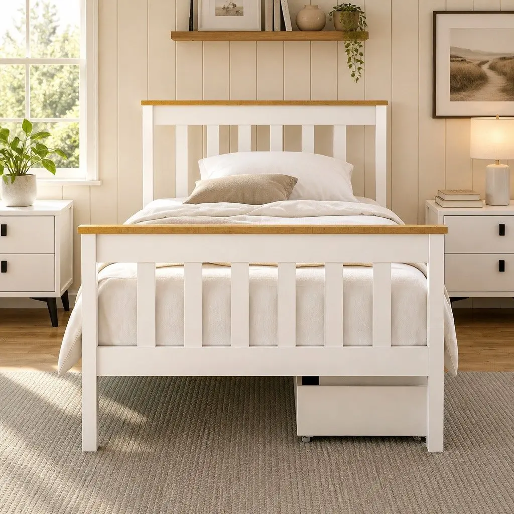 Single Bed Frame White Wooden Construction with Two Storage Drawers Suitable for Standard Single Mattress