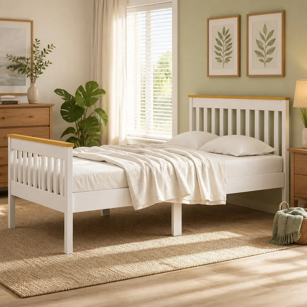 Single Bed Frame White Wooden Construction with Two Storage Drawers Suitable for Standard Single Mattress