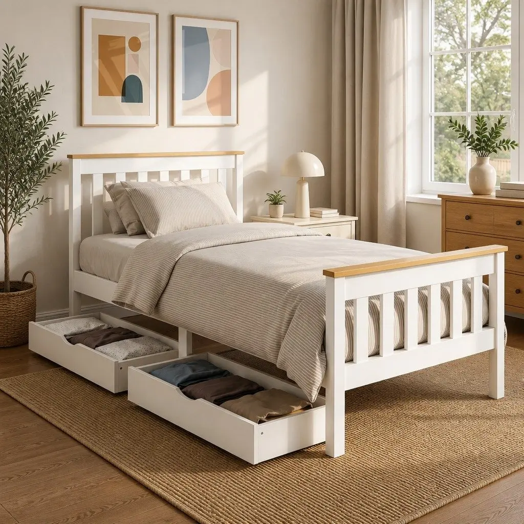 Single Bed Frame White Wooden Construction with Two Storage Drawers Suitable for Standard Single Mattress