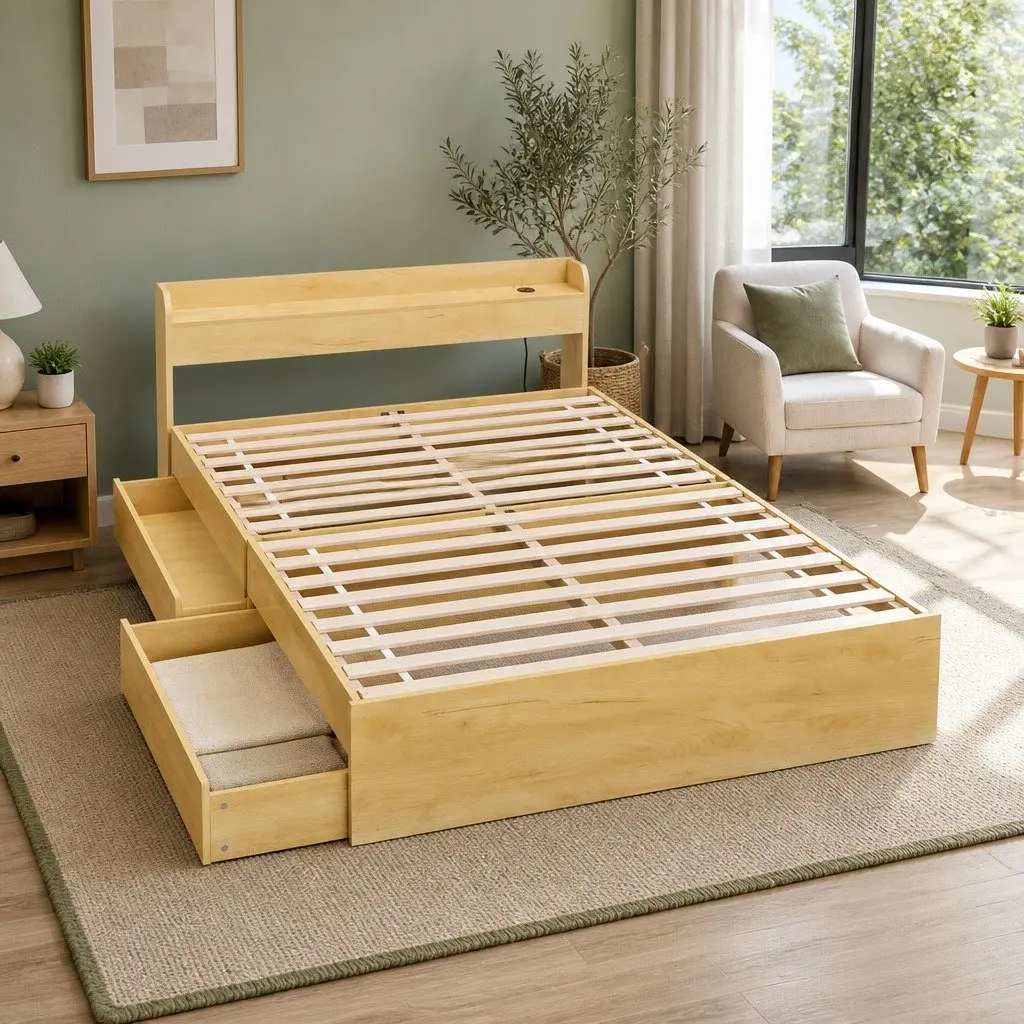 Double Bed Frame Pine Wood 211x142x70cm with Storage Drawers and USB Charging Ports