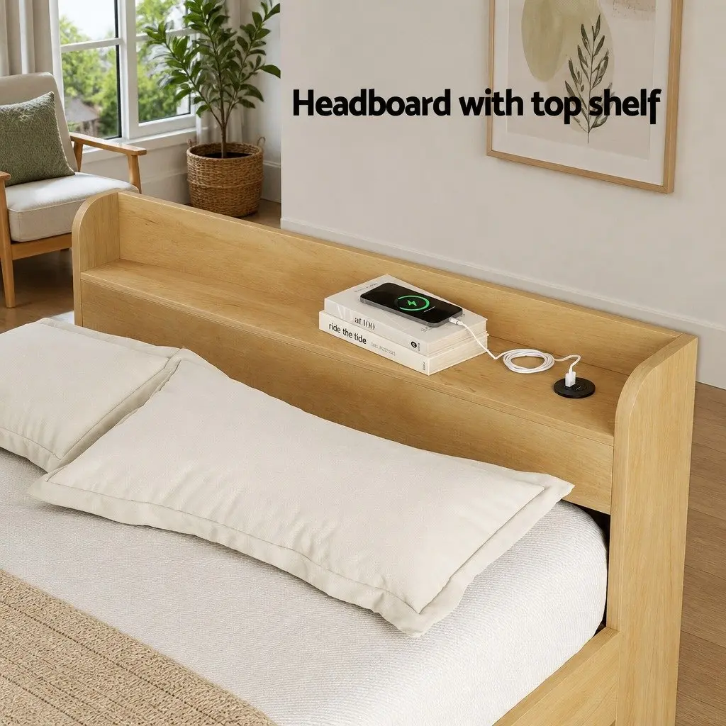 Double Bed Frame Pine Wood 211x142x70cm with Storage Drawers and USB Charging Ports