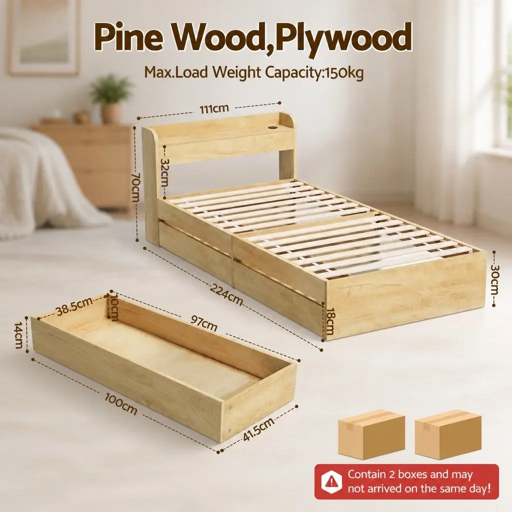 King Single Bed Frame with Storage Drawers USB Ports Headboard Platform Base