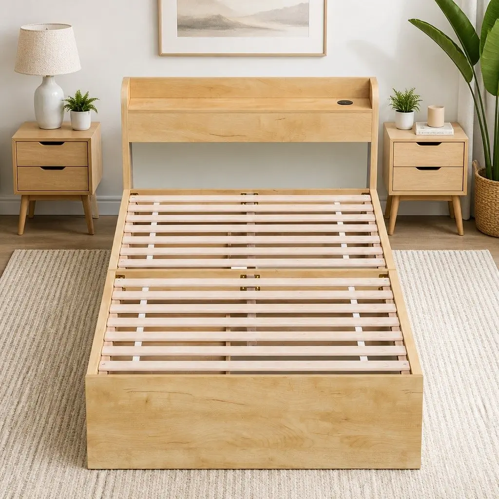 King Single Bed Frame with Storage Drawers USB Ports Headboard Platform Base