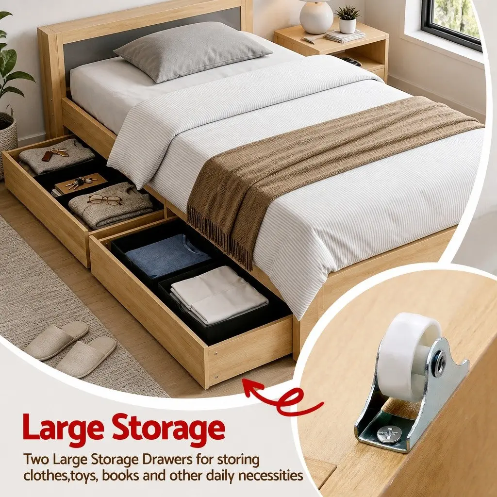King Single Bed Frame with Storage Drawers USB Ports Headboard Platform Base