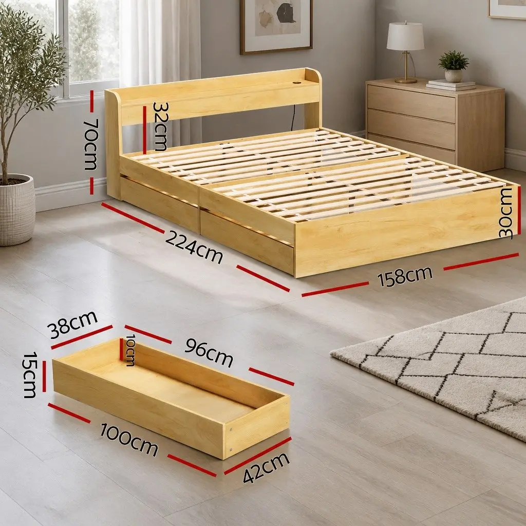 Queen Bed Frame with Storage Drawers USB Charging Ports and Headboard Pine Material 224x158x70cm