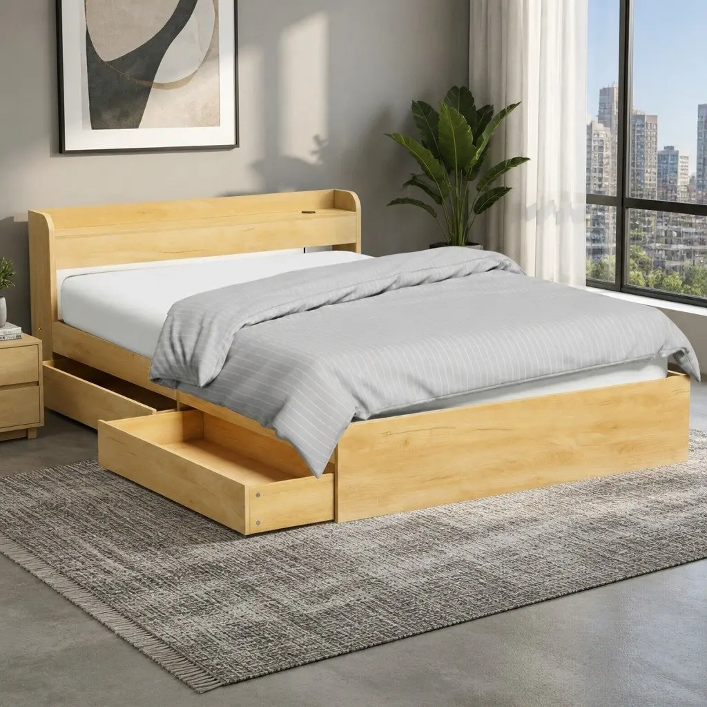 Queen Bed Frame with Storage Drawers USB Charging Ports and Headboard Pine Material 224x158x70cm