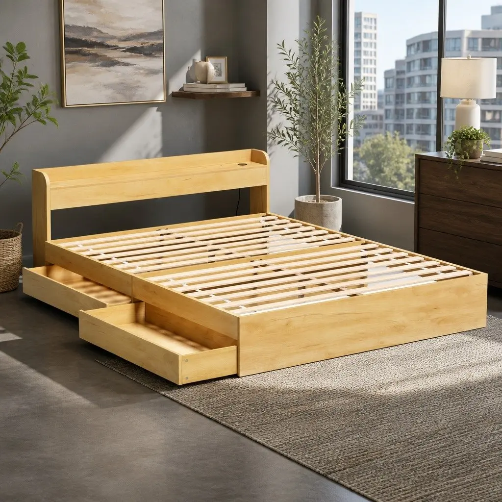 Queen Bed Frame with Storage Drawers USB Charging Ports and Headboard Pine Material 224x158x70cm