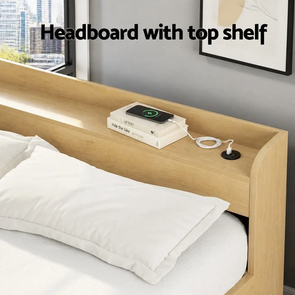 Queen Bed Frame with Storage Drawers USB Charging Ports and Headboard Pine Material 224x158x70cm