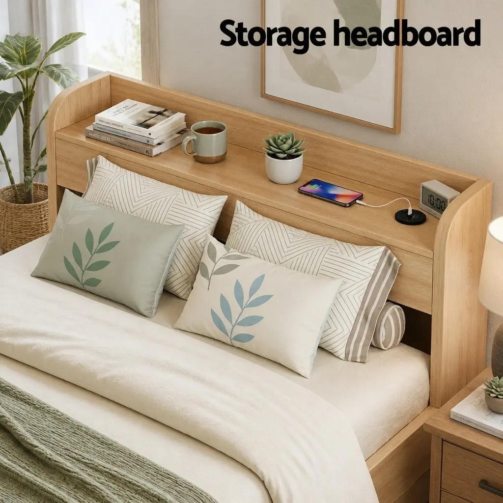 Single Bed Frame with 2 Storage Drawers USB Charging Ports Wooden Slat Platform