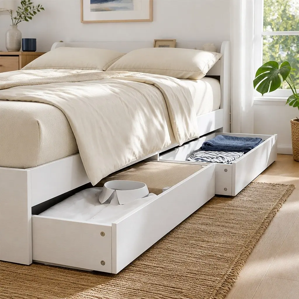 Single Bed Frame Plywood Slats with Storage Drawers USB Charging Ports White 211 x 96 x 70cm