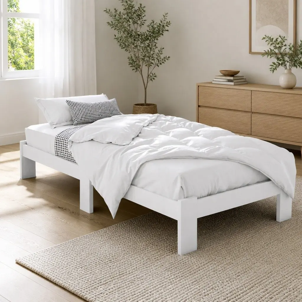 King Single Bed Frame White Pine Solid Wood Storage Under Bed Central Support 210cm Length 115cm Width 30cm Height