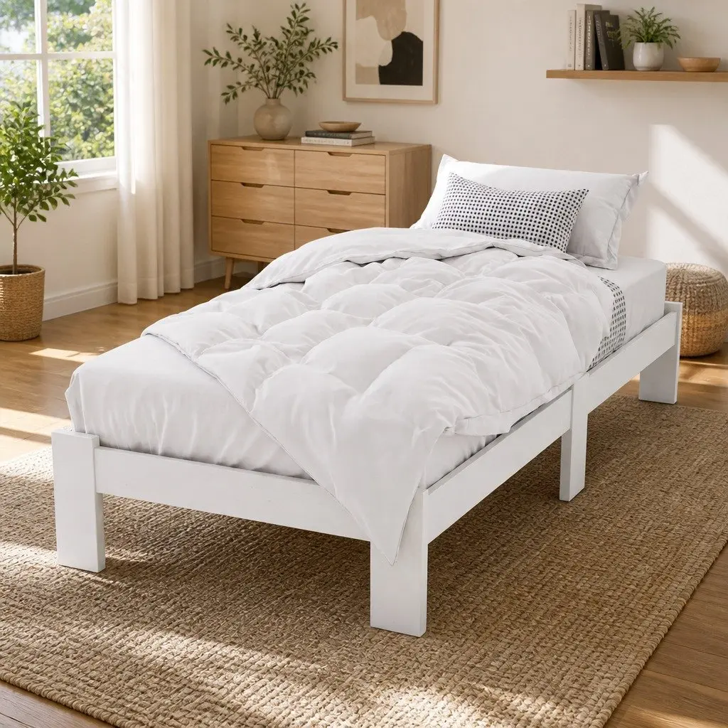 King Single Bed Frame White Pine Solid Wood Storage Under Bed Central Support 210cm Length 115cm Width 30cm Height