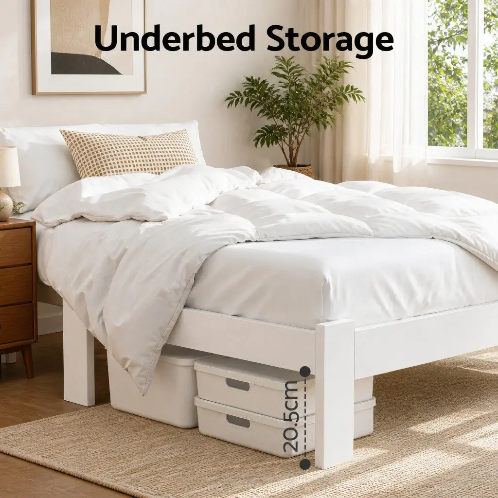 King Single Bed Frame White Pine Solid Wood Storage Under Bed Central Support 210cm Length 115cm Width 30cm Height