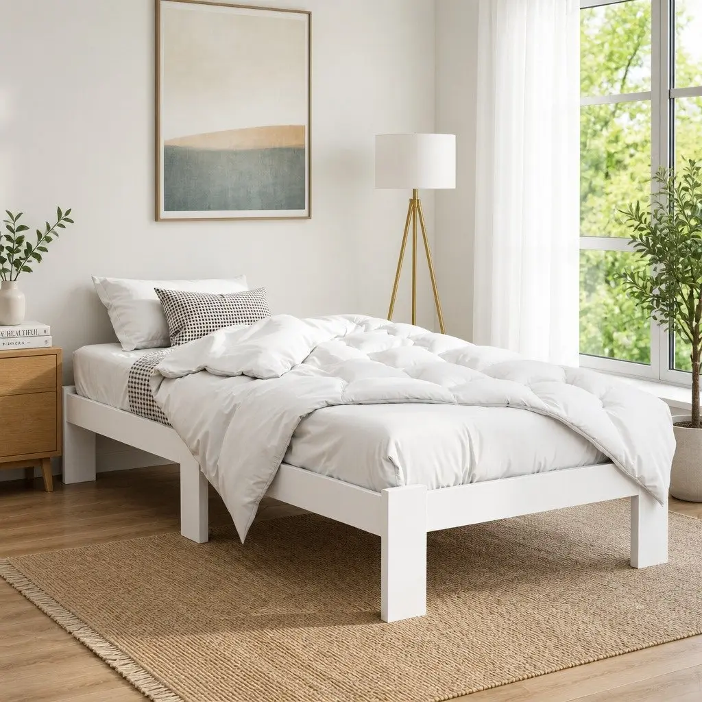 King Single Bed Frame White Pine Solid Wood Storage Under Bed Central Support 210cm Length 115cm Width 30cm Height