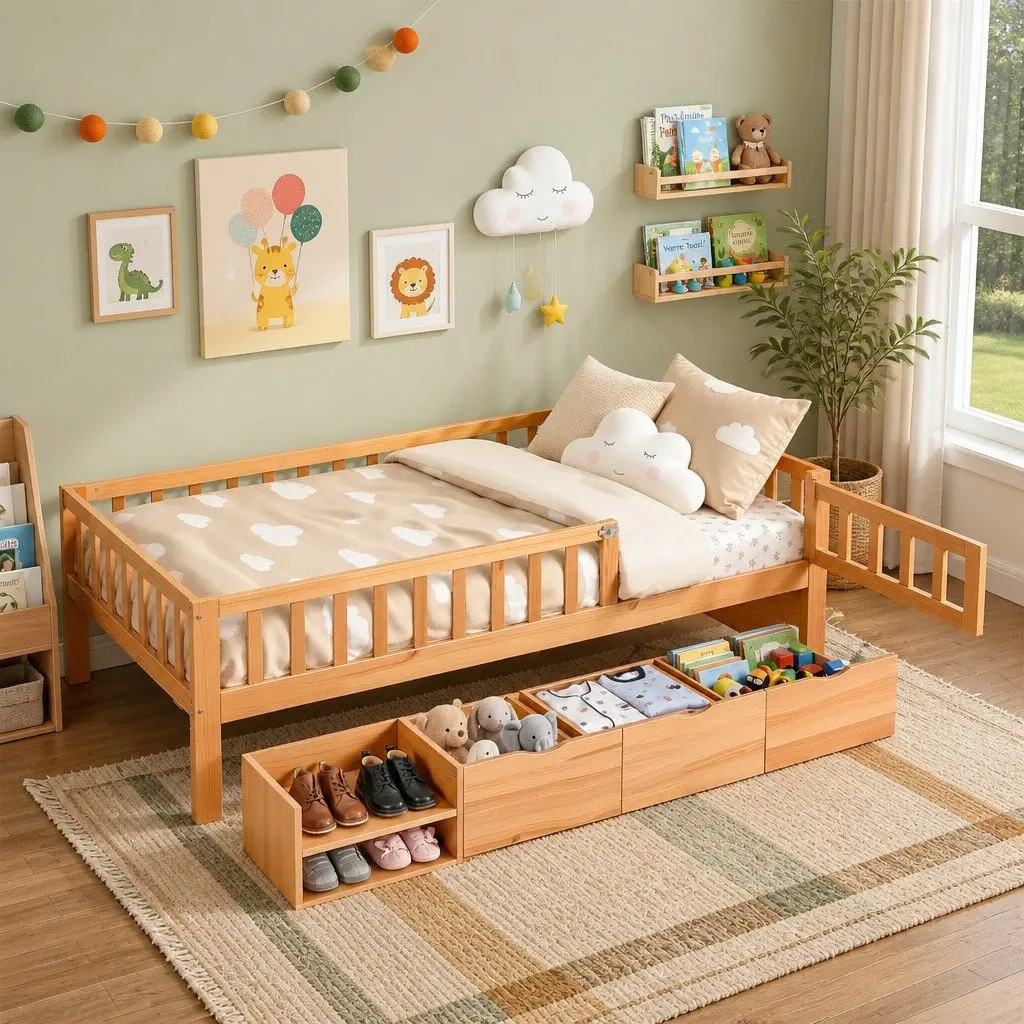 Kids Single Bed Frame Natural with 3 Storage Drawers and Safety Rail