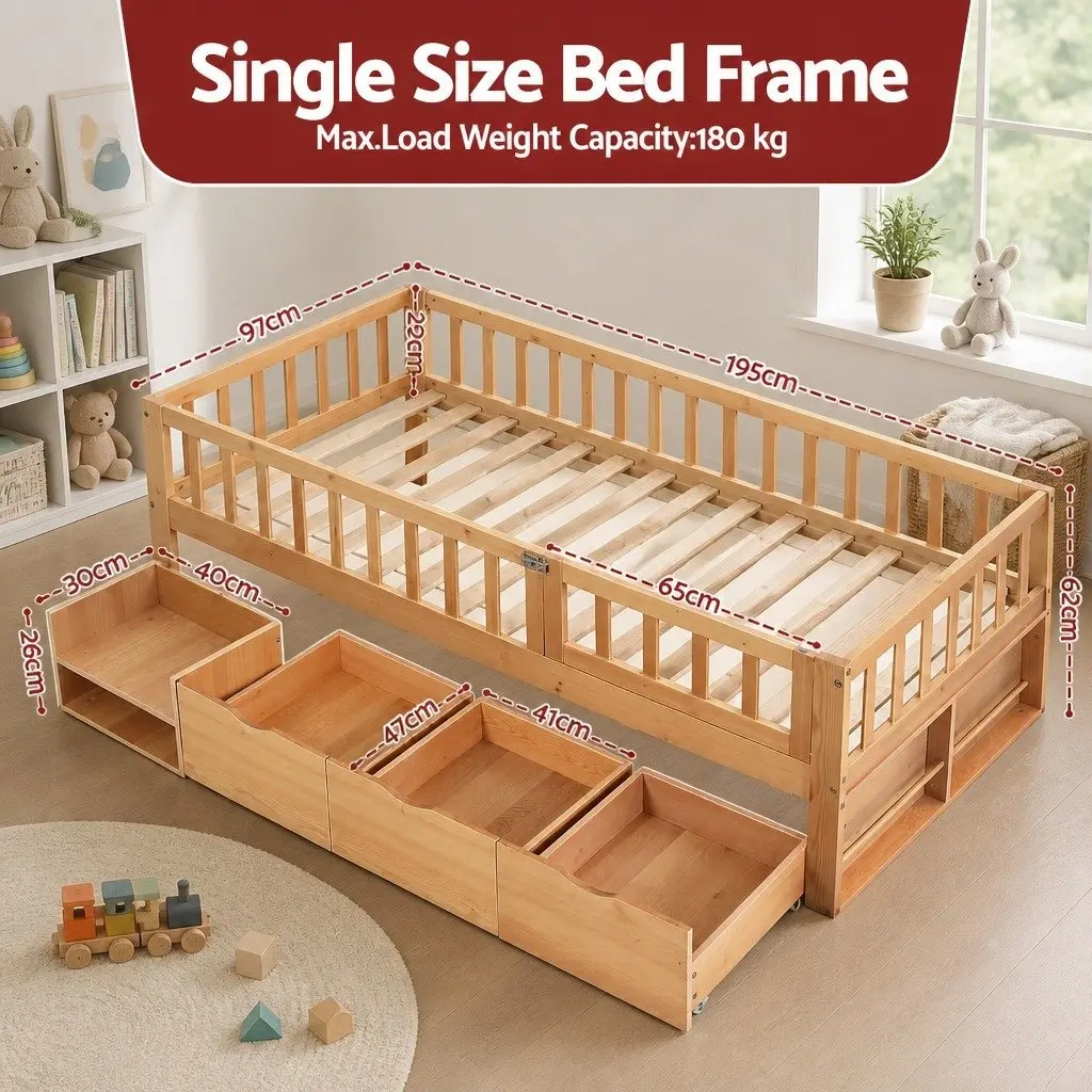 Kids Single Bed Frame Natural with 3 Storage Drawers and Safety Rail