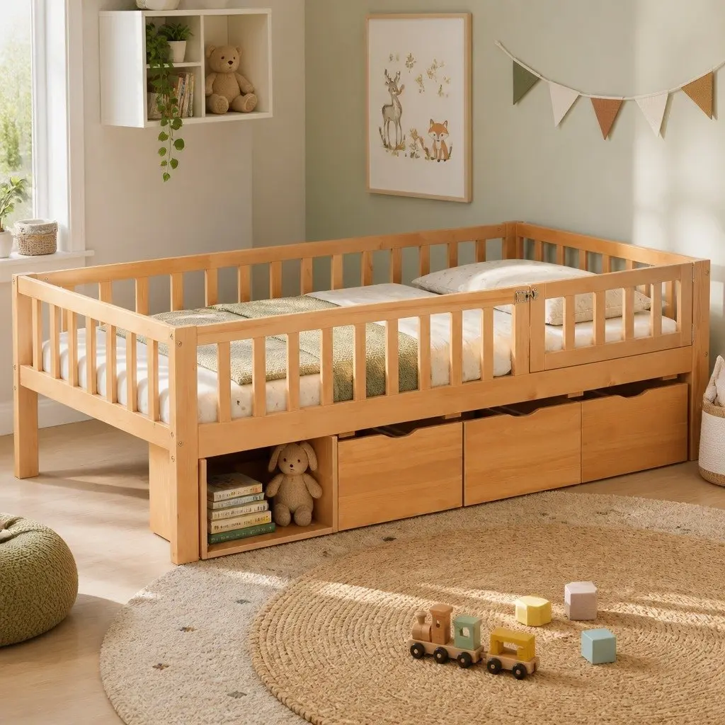 Kids Single Bed Frame Natural with 3 Storage Drawers and Safety Rail