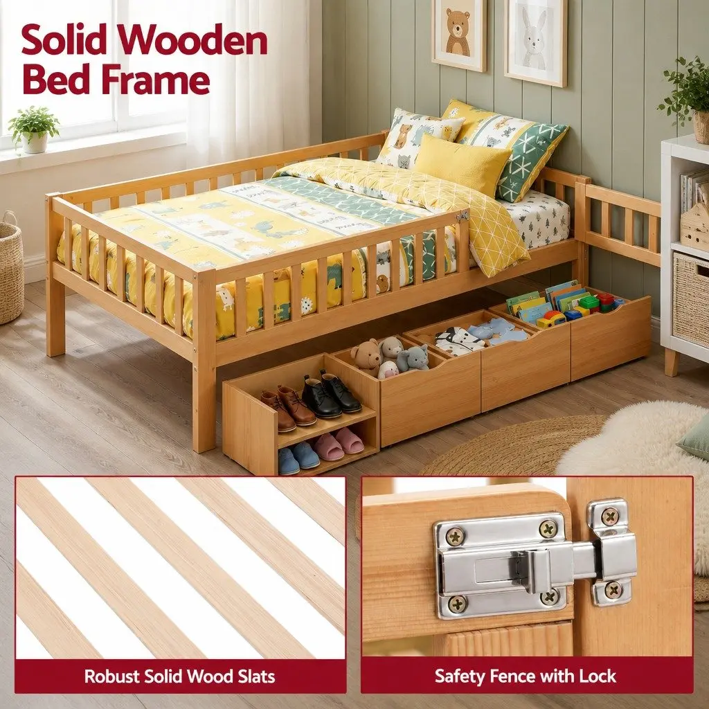 Kids Single Bed Frame Natural with 3 Storage Drawers and Safety Rail
