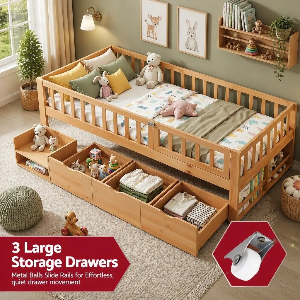 Kids Single Bed Frame Natural with 3 Storage Drawers and Safety Rail