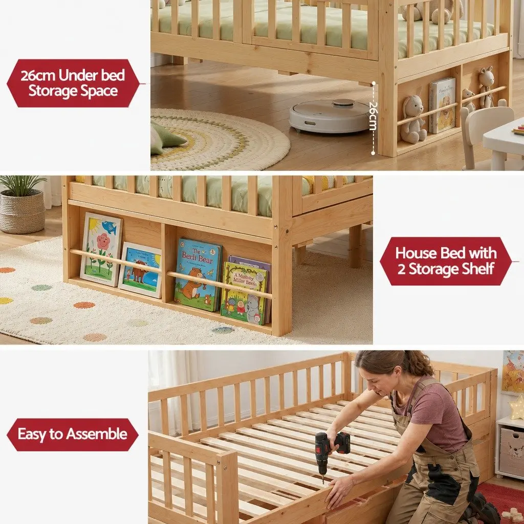 Kids Single Bed Frame Natural with 3 Storage Drawers and Safety Rail