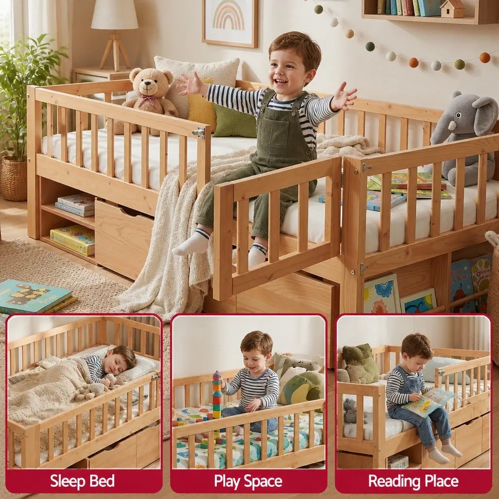 Kids Single Bed Frame Natural with 3 Storage Drawers and Safety Rail