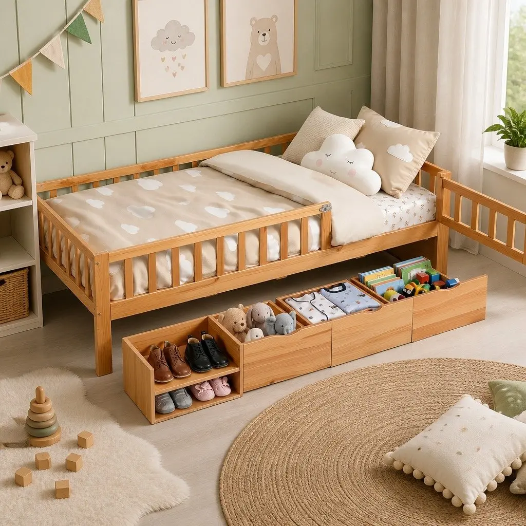 Kids Single Bed Frame Natural with 3 Storage Drawers and Safety Rail