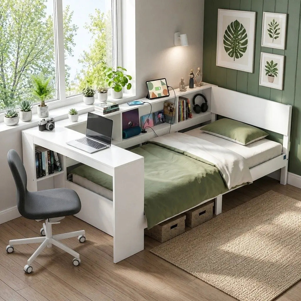 Single Corner Bed Frame with Built-in Desk Storage Shelves USB-C Charging for