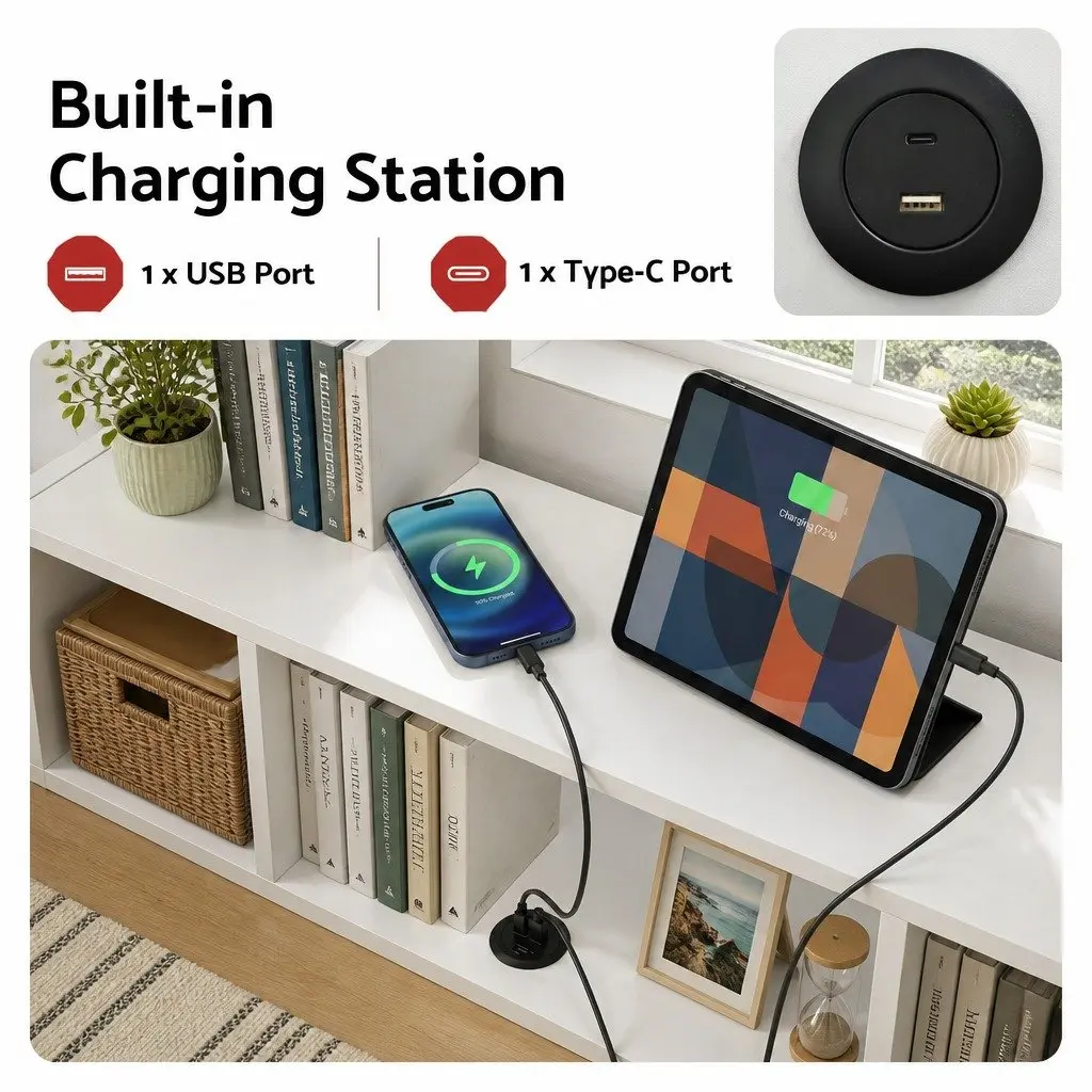 Single Corner Bed Frame with Built-in Desk Storage Shelves USB-C Charging for