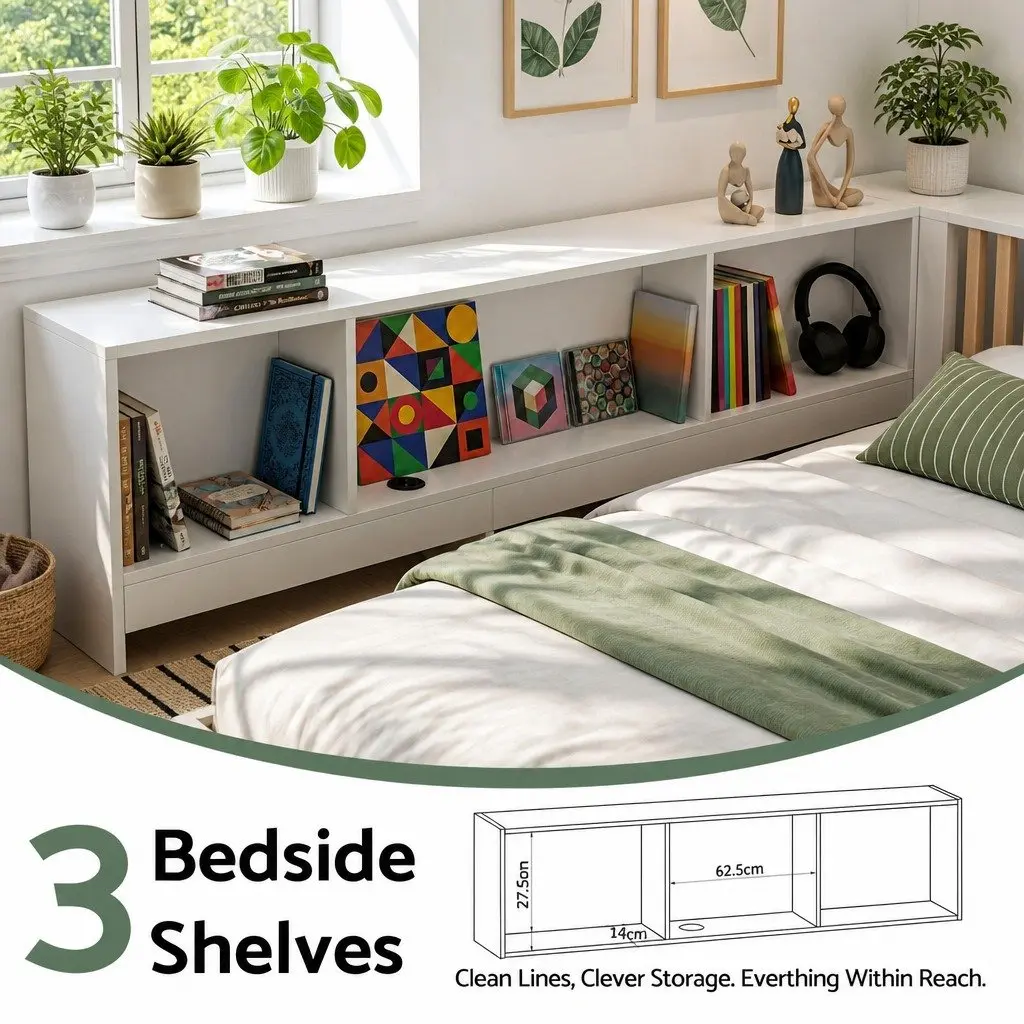 Single Corner Bed Frame with Built-in Desk Storage Shelves USB-C Charging for