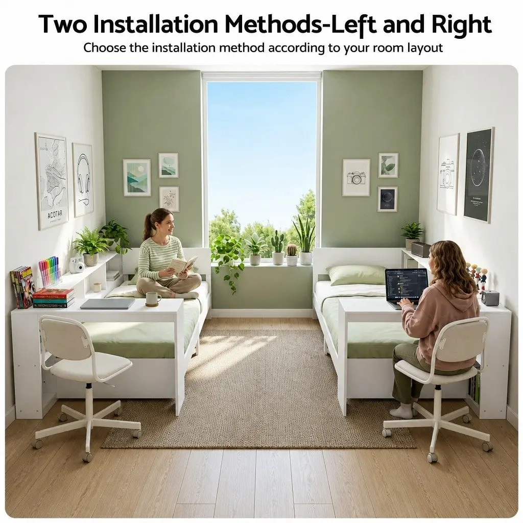 Single Corner Bed Frame with Built-in Desk Storage Shelves USB-C Charging for
