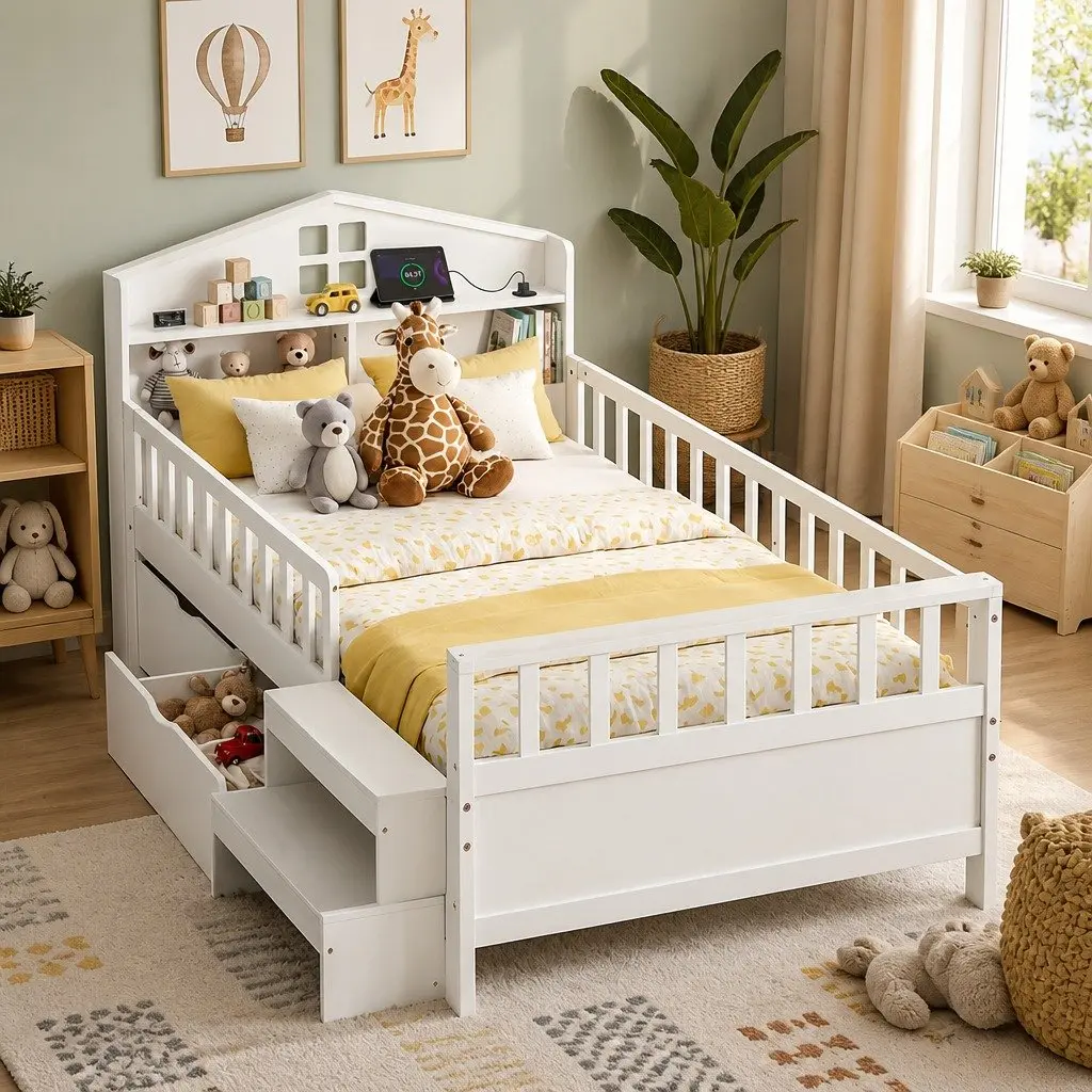 Single Bed Frame with Storage and LED Light