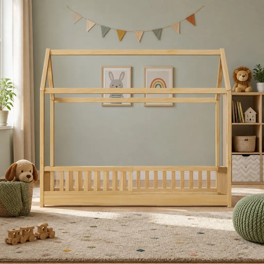 Kids Bed Frame House Shape Pine Wood Single Size Oak