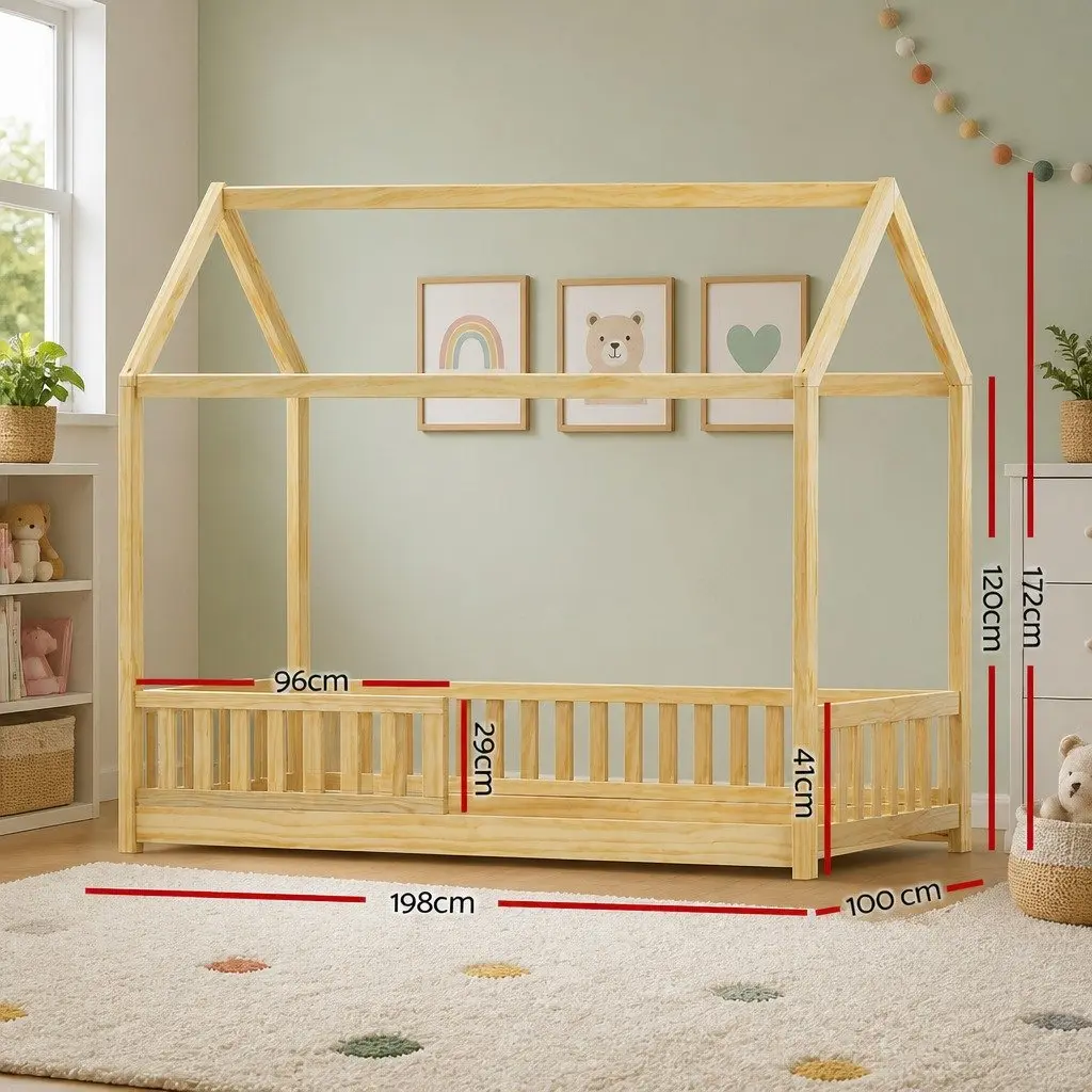 Kids Bed Frame House Shape Pine Wood Single Size Oak