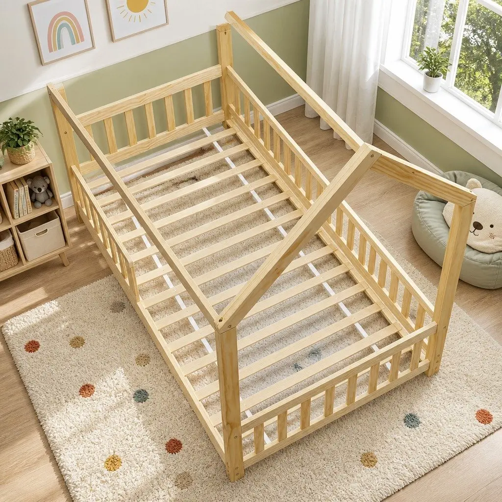 Kids Bed Frame House Shape Pine Wood Single Size Oak
