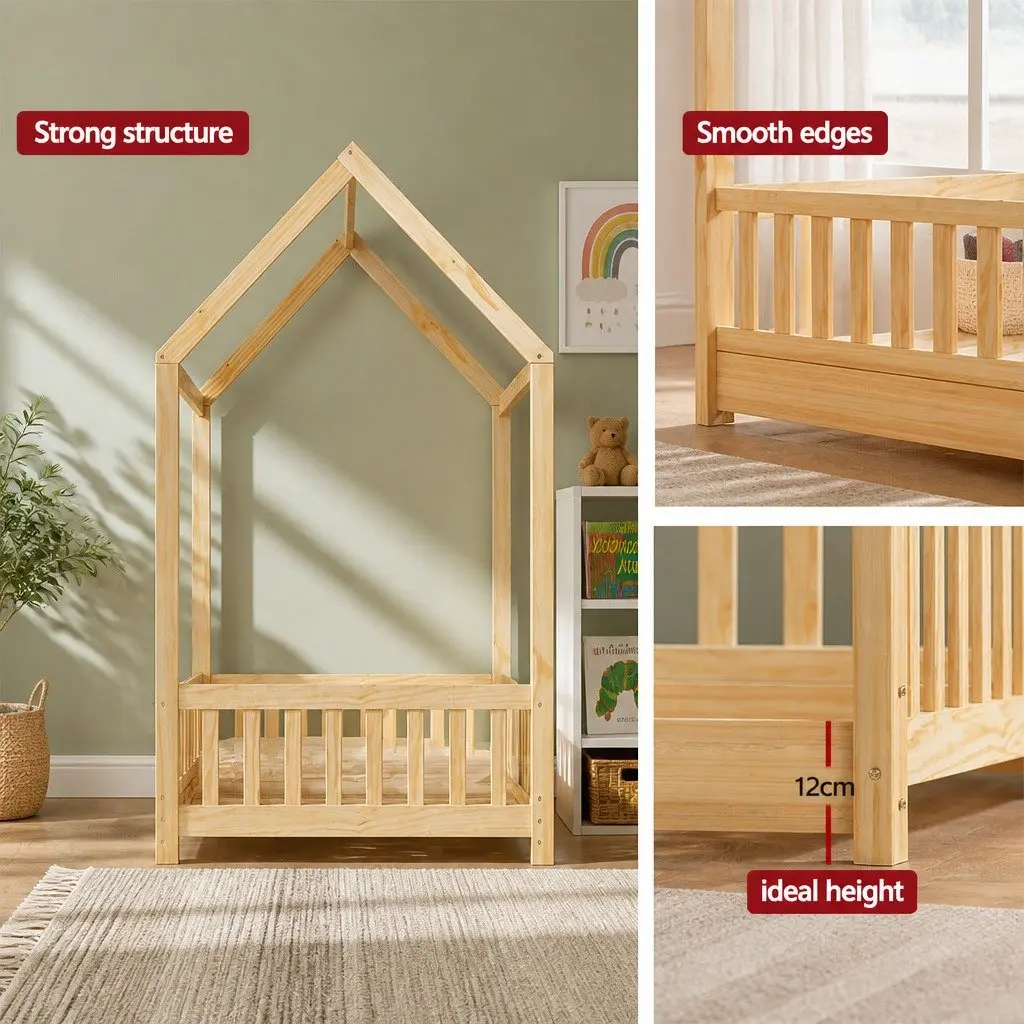 Kids Bed Frame House Shape Pine Wood Single Size Oak