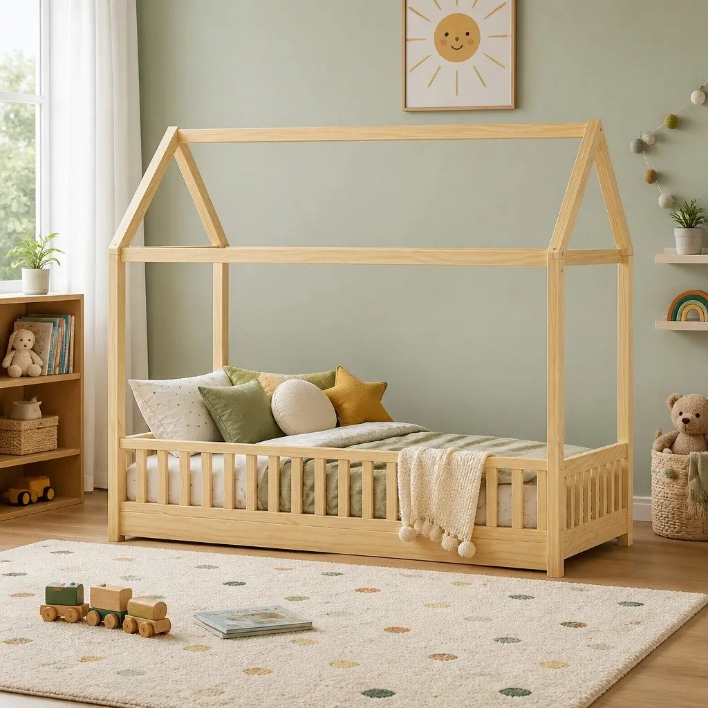 Kids Bed Frame House Shape Pine Wood Single Size Oak