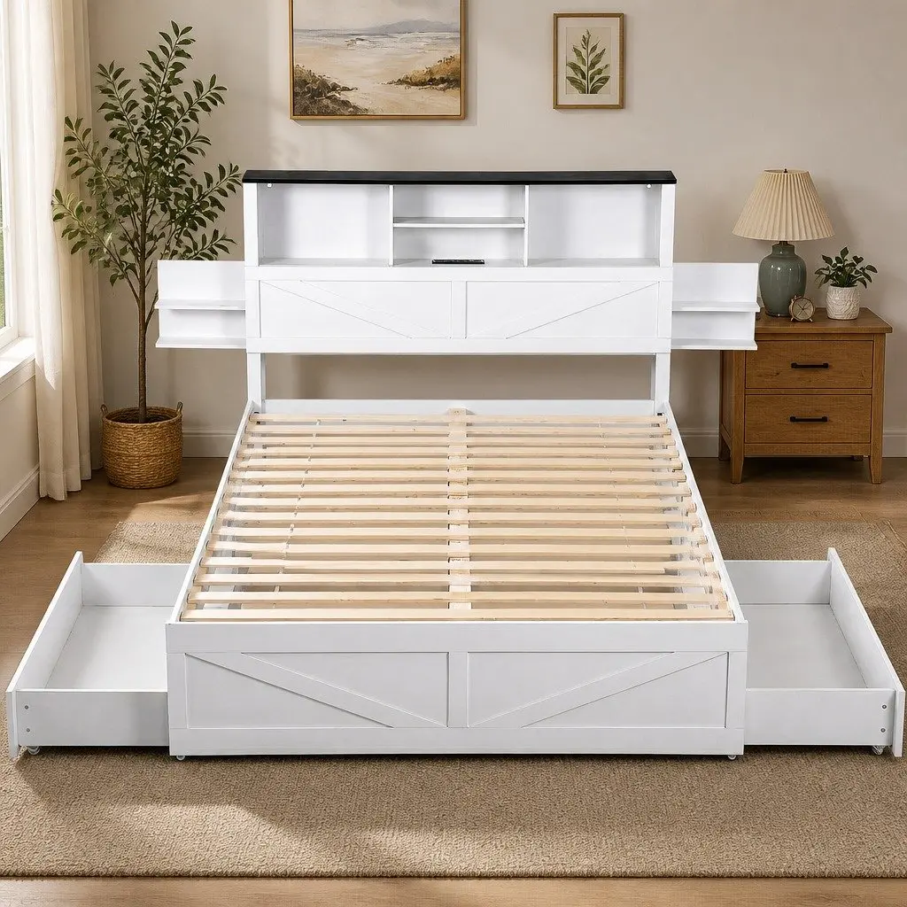 Double Bed Frame Plywood Particle Board 142cm x 206cm White with Storage Drawers Bookcase Headboard Charging Station LED