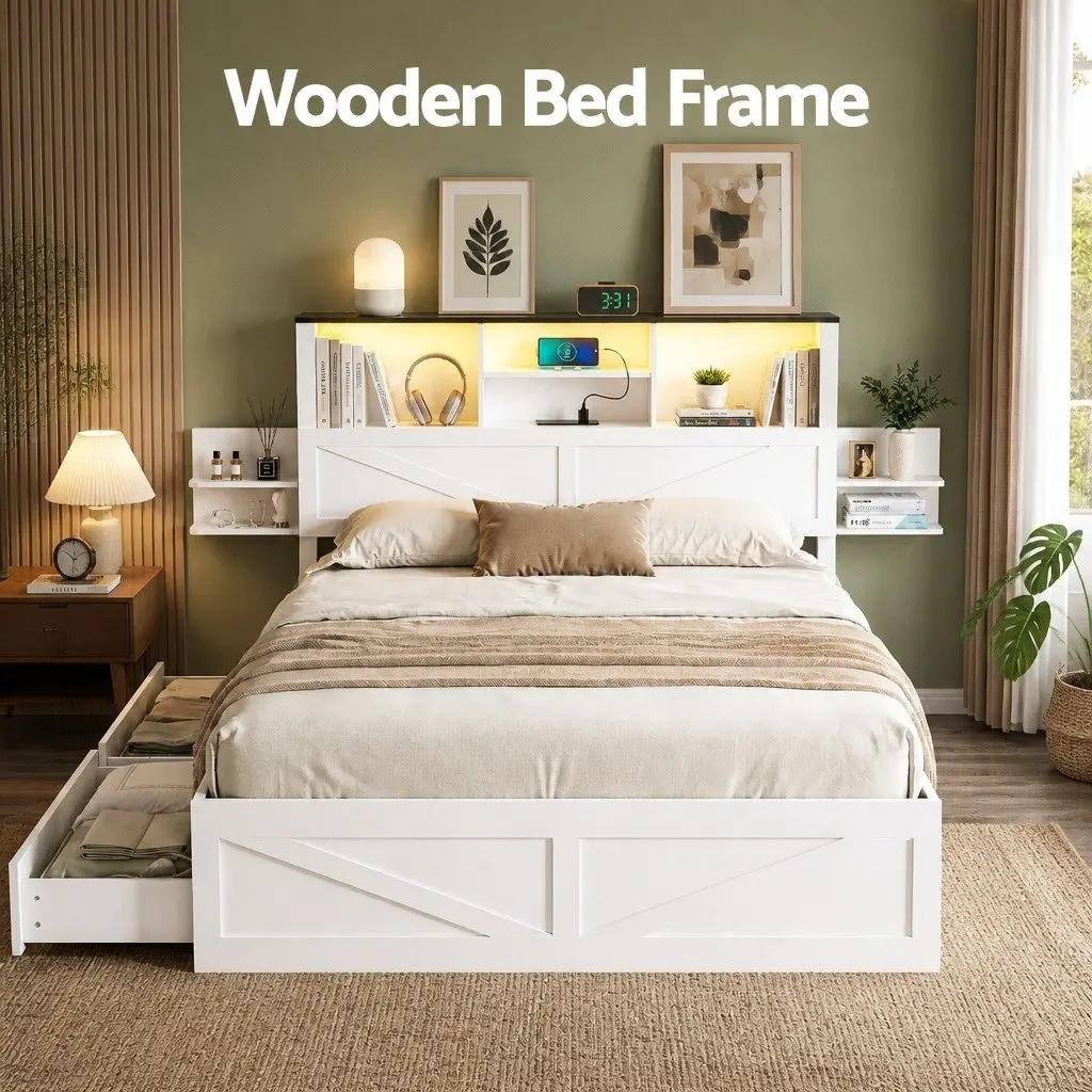 Double Bed Frame Plywood Particle Board 142cm x 206cm White with Storage Drawers Bookcase Headboard Charging Station LED