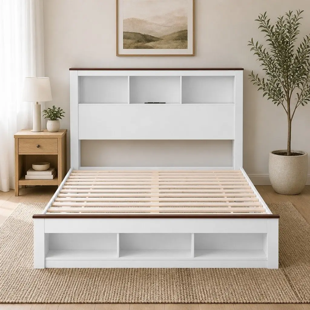 Double Bed Frame Wood Storage Bookcase Headboard Footboard Charging Station LED White 211cm x 143cm x 120cm