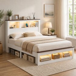 Queen Bed Frame Storage Bookcase Headboard Footboard White Wooden Platform