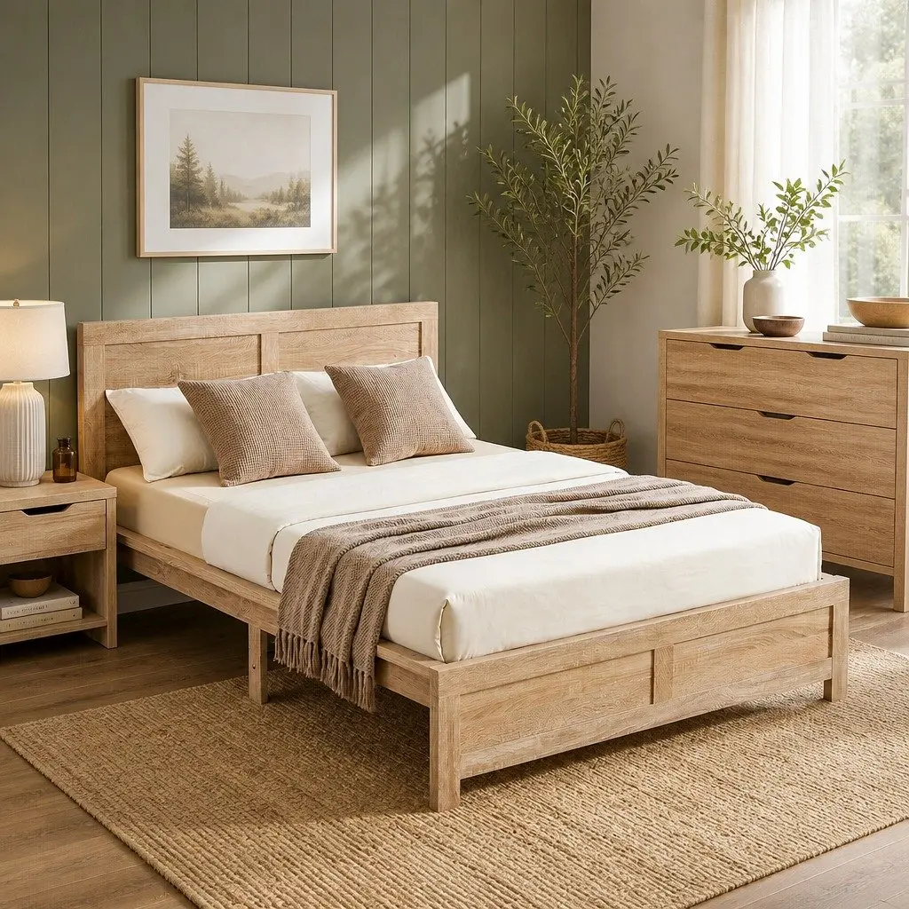 King Single Bed Frame Wooden Construction Walnut Colour 122cm x 210cm x 90cm Suitable for Adults and Children with Support Legs