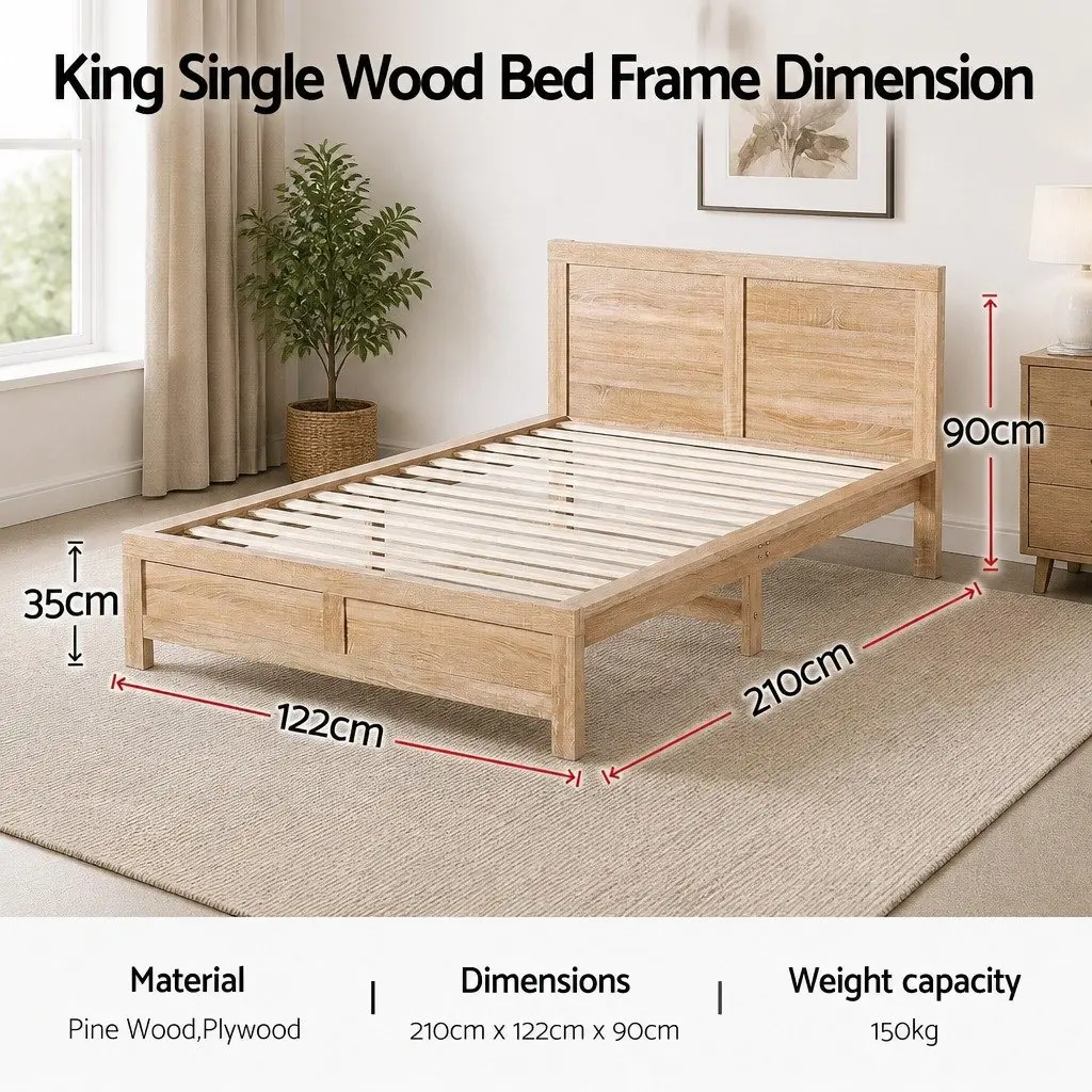 King Single Bed Frame Wooden Construction Walnut Colour 122cm x 210cm x 90cm Suitable for Adults and Children with Support Legs