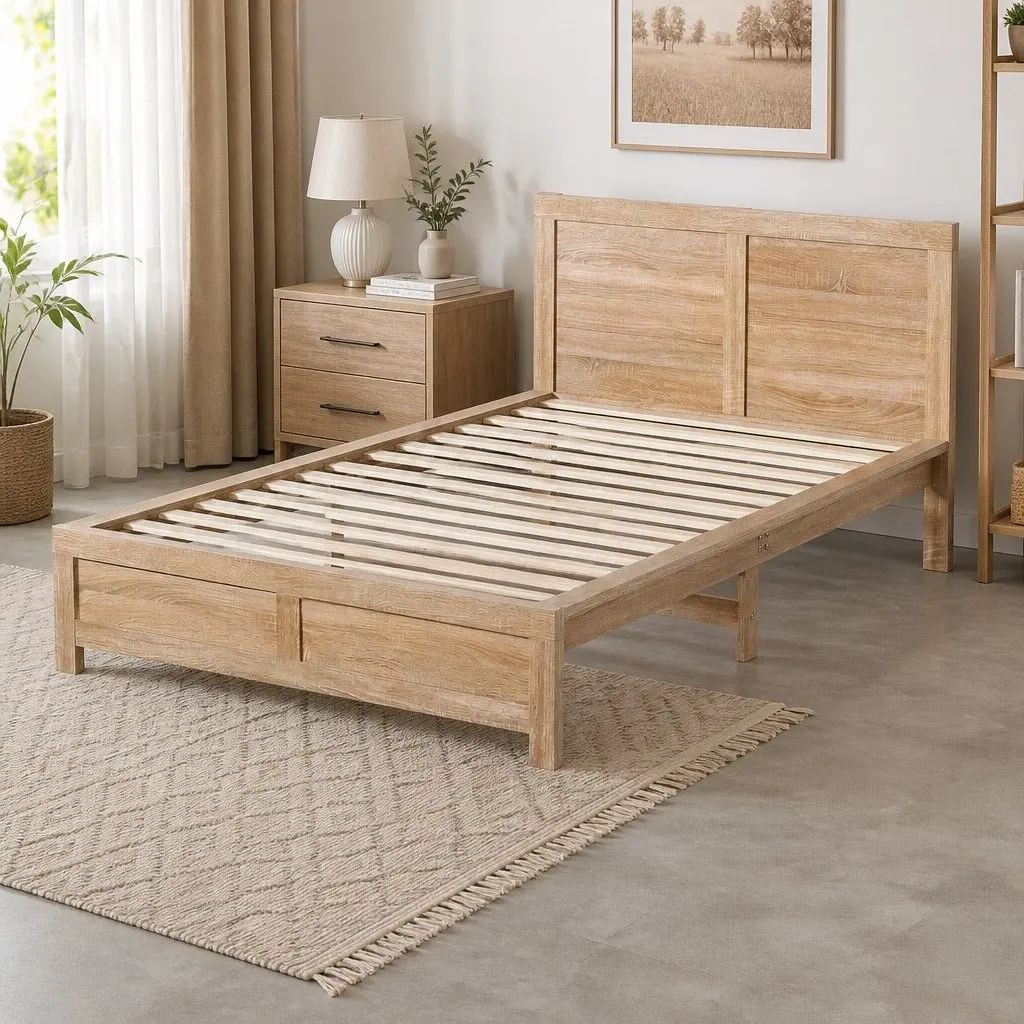 King Single Bed Frame Wooden Construction Walnut Colour 122cm x 210cm x 90cm Suitable for Adults and Children with Support Legs