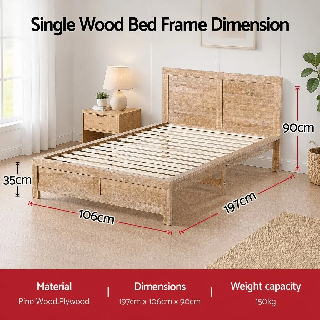 Single Bed Frame Wooden Base Walnut Colour 197cm L x 106cm W x 90cm H