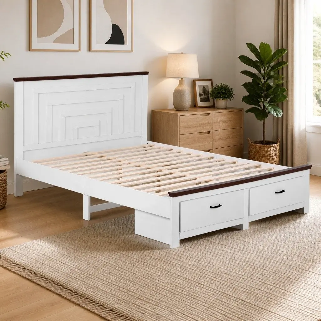 Double Bed Frame White Wooden with Tall Headboard and Storage Drawers 197cm x 143cm for Bedroom