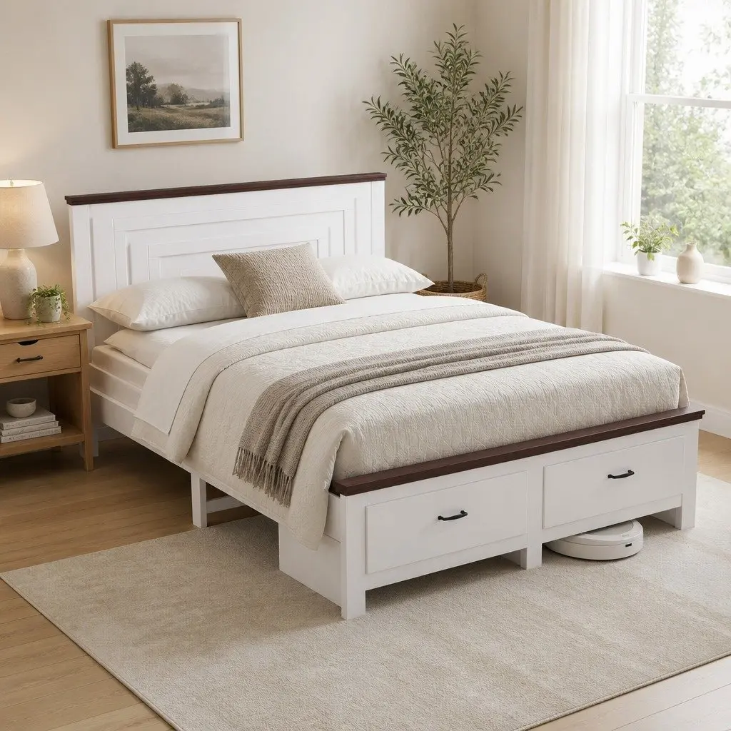 Queen Bed Frame Wooden White 108cm Tall Headboard with 2 Storage Drawers Platform Style